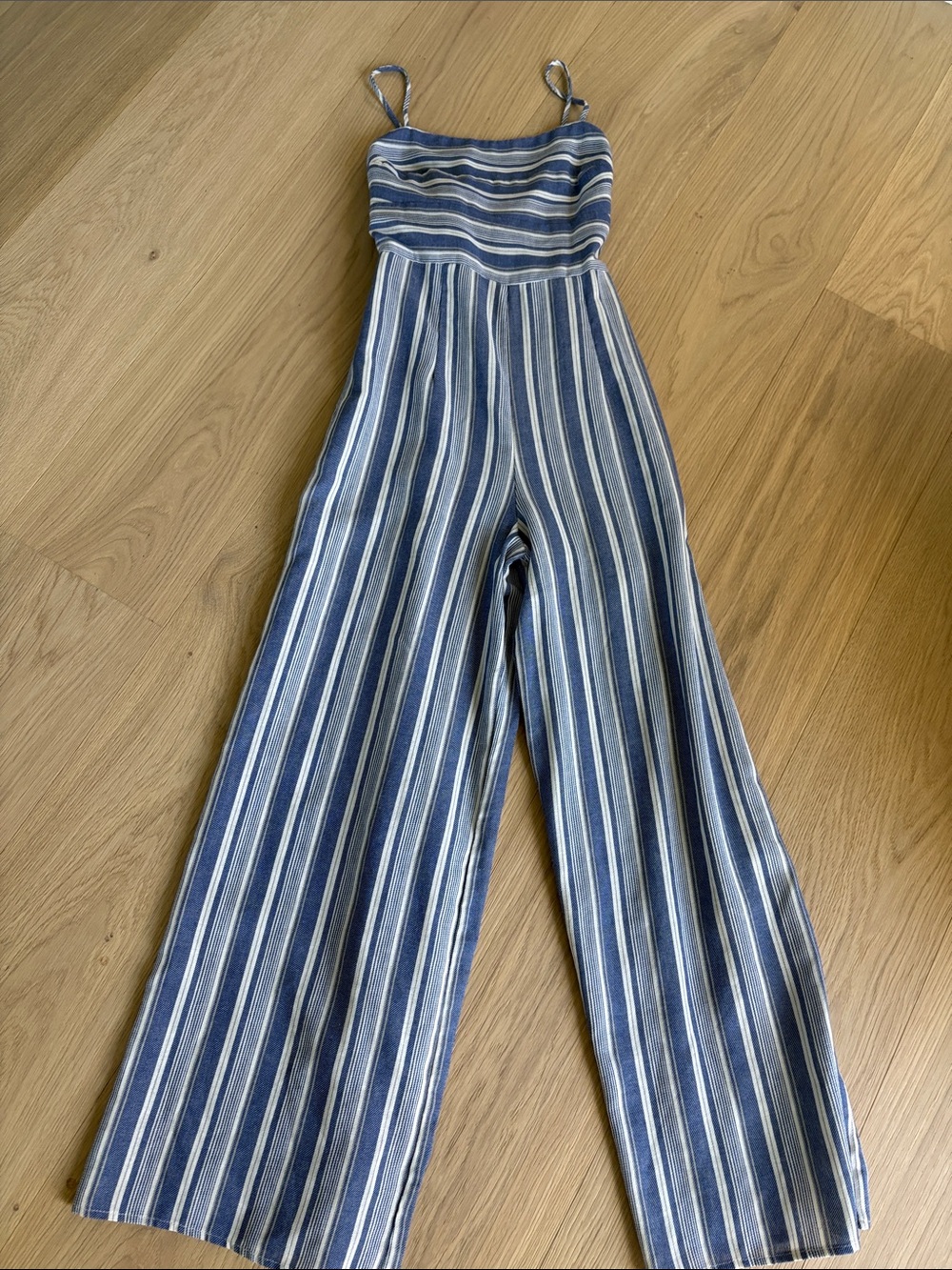 Francesca's Collections Blue and White Striped Wide-Leg Jumpsuit